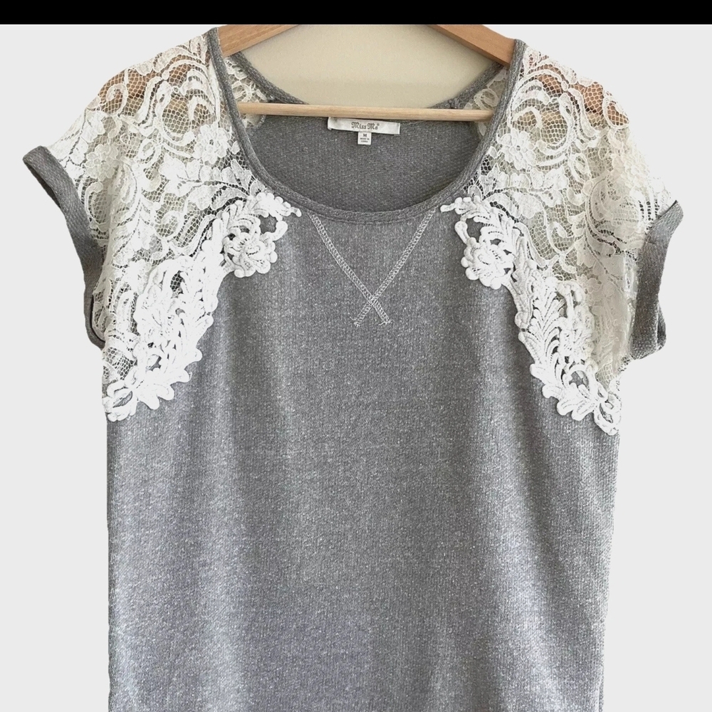 Miss Me Gray Top with White Lace Sleeves